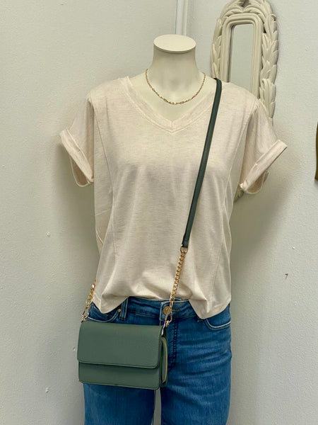 Oatmeal Ribbed V-Neck Rolled Sleeve