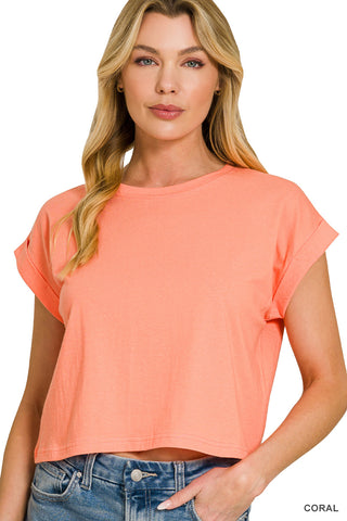 Rolled Short Sleeve Cotton Top - CROP