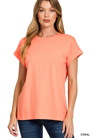 Rolled Short Sleeve Cotton Top - CLASSIC