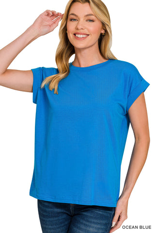 Rolled Short Sleeve Cotton Top - RELAXED