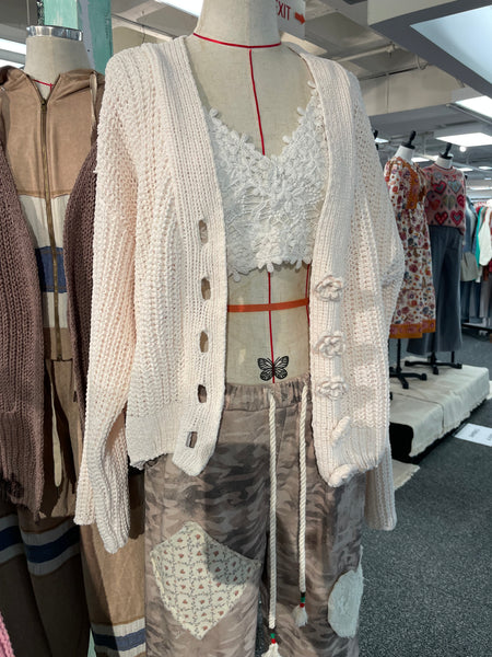 POL Chenille Cardigan with Knit Flower Buttons