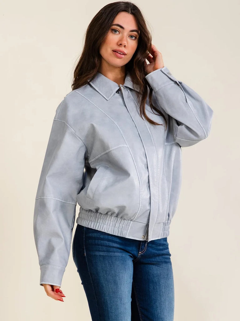Blue Grey Faux Leather Jacket