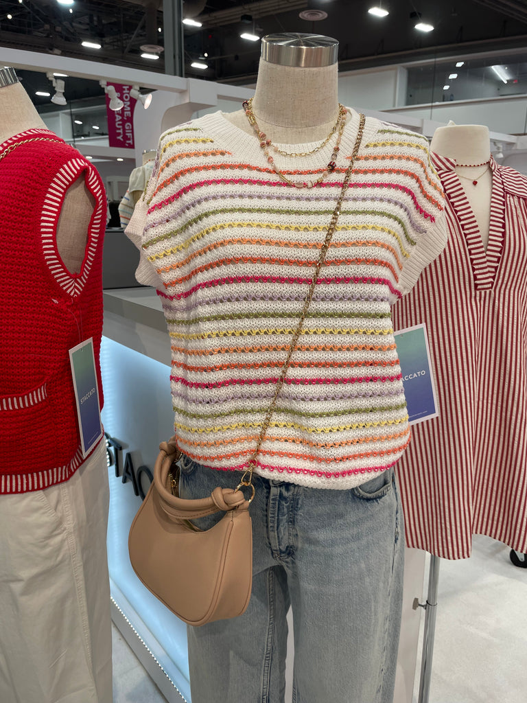 Crochet Striped Short Sleeve Sweater