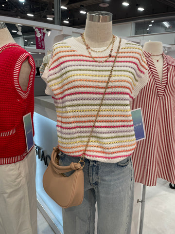 Crochet Striped Short Sleeve Sweater