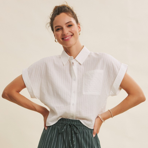 Vertical Stripe Collared Short Sleeve
