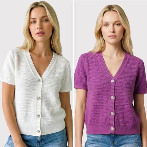 Waffle Knit Short Sleeve V-Neck Cardigan