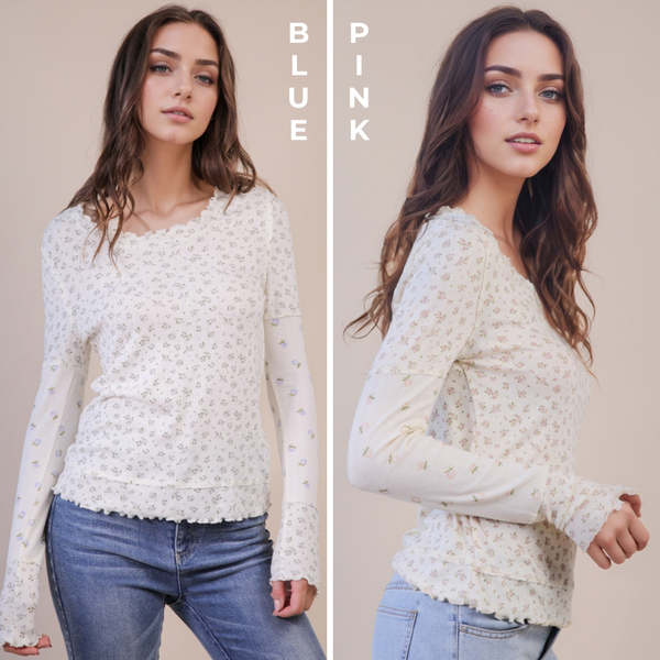 Floral Print Lettuce Hem Knit Top