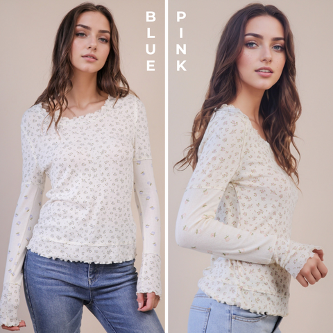 Floral Print Lettuce Hem Knit Top