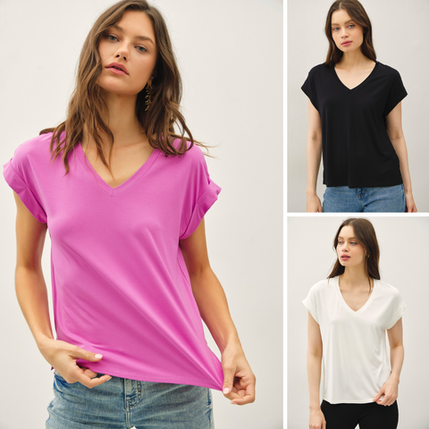 Bamboo V-Neck Rolled Sleeve Top