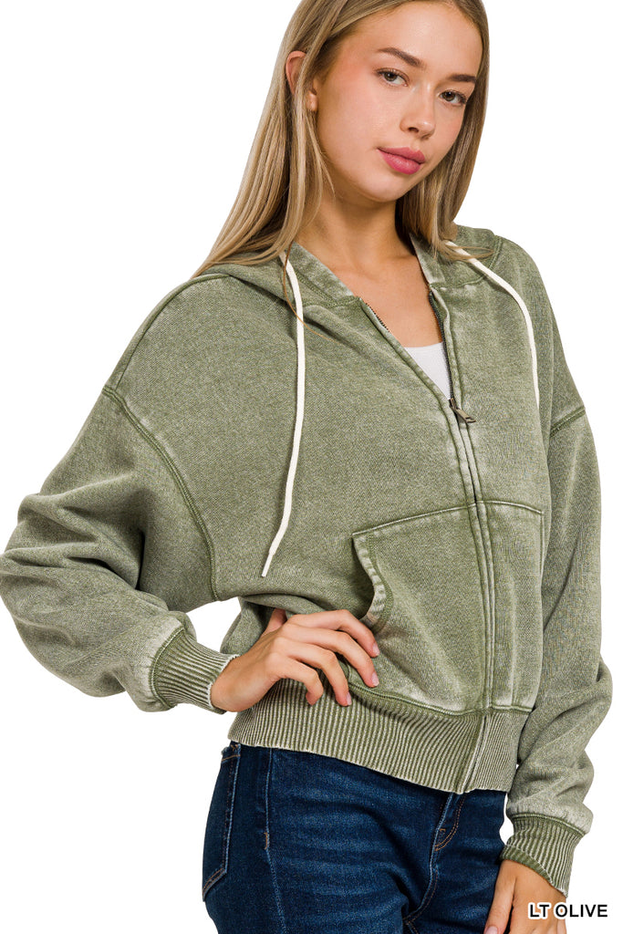 Acid Wash Fleece Zip-Up Hoodie