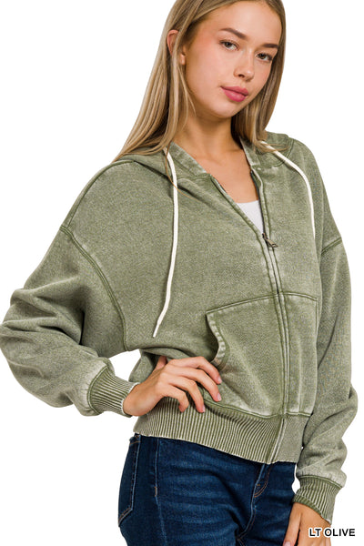 Acid Wash Fleece Zip-Up Hoodie