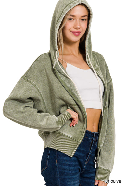 Acid Wash Fleece Zip-Up Hoodie