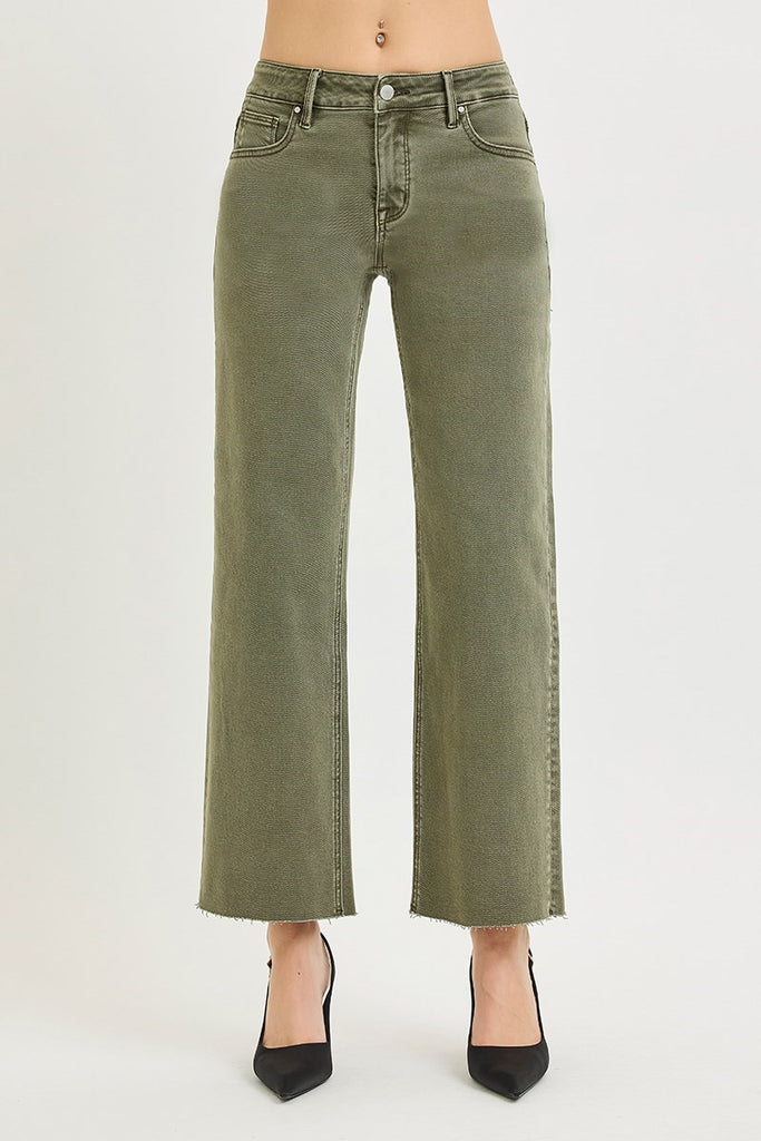 Risen Tummy Control Mid Rise Olive Jeans