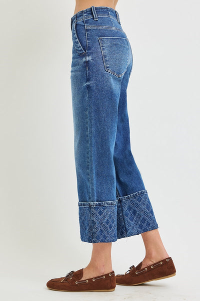 Crop Wide Leg Plaid Cuff Denim Jeans
