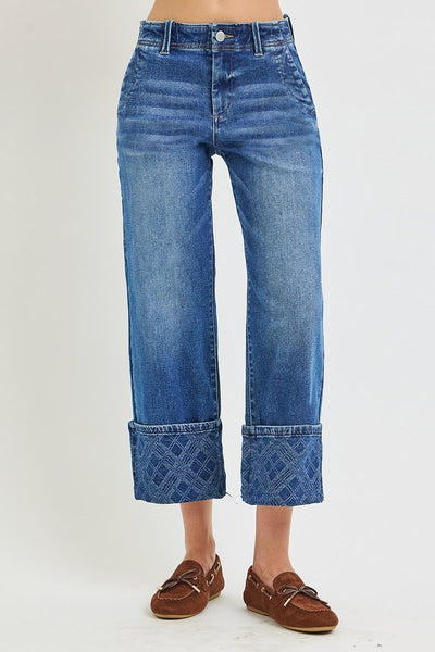 Crop Wide Leg Plaid Cuff Denim Jeans