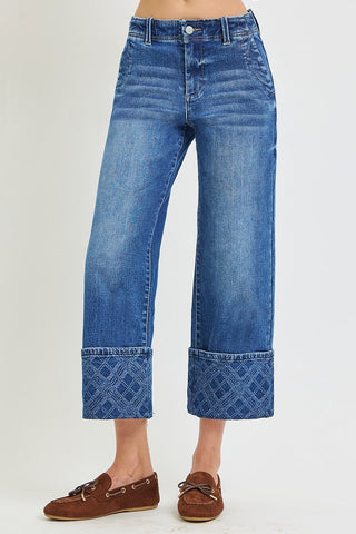 Crop Wide Leg Plaid Cuff Denim Jeans
