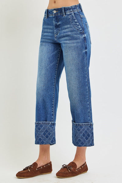 Crop Wide Leg Plaid Cuff Denim Jeans