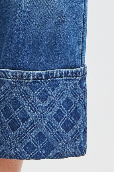Crop Wide Leg Plaid Cuff Denim Jeans