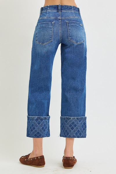 Crop Wide Leg Plaid Cuff Denim Jeans