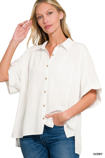 Linen Cuffed Sleeve Button Top