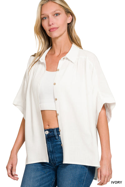 Linen Cuffed Sleeve Button Top