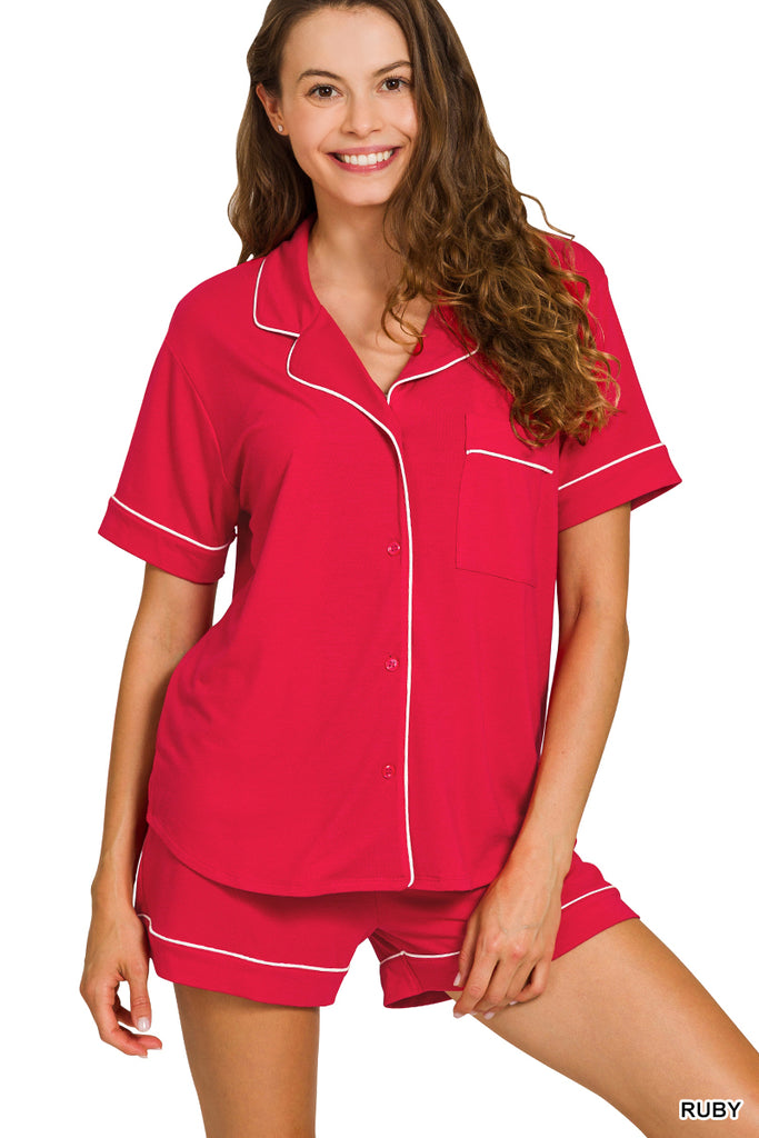 Short Sleeve Button Top + Shorts Lounge Set