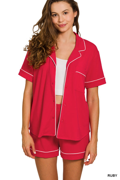 Short Sleeve Button Top + Shorts Lounge Set