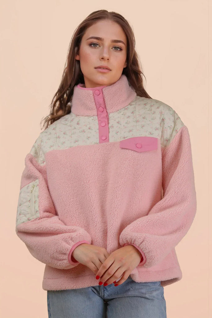 Quilted Floral Fleece Button Pullover