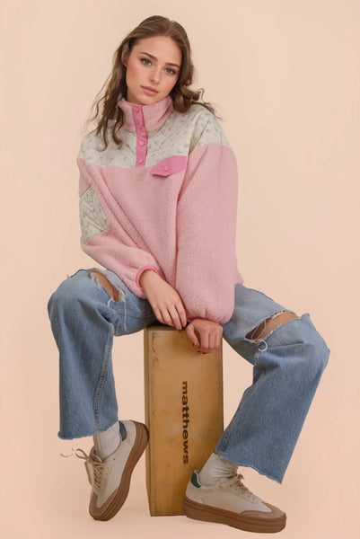 Quilted Floral Fleece Button Pullover