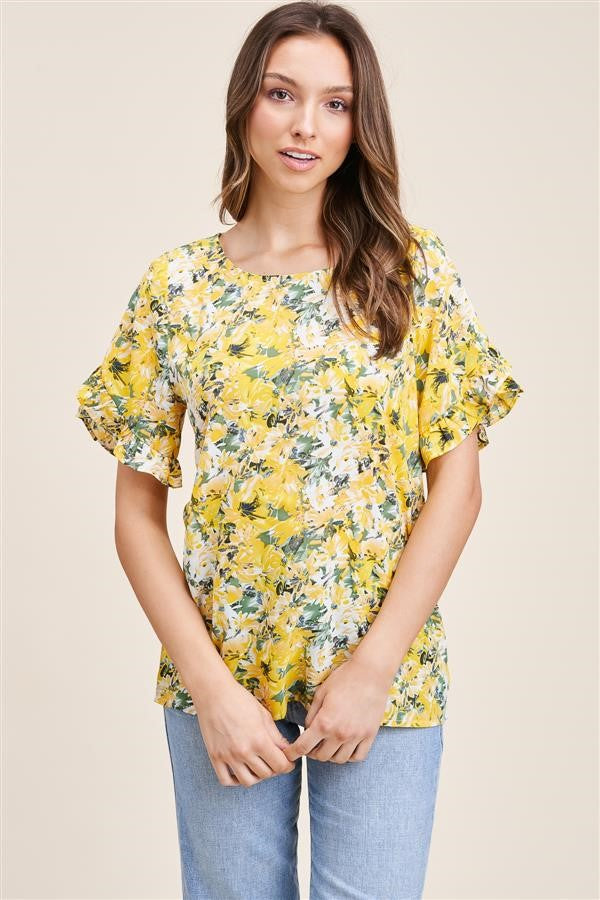 Yellow Floral Ruffle Sleeve Blouse