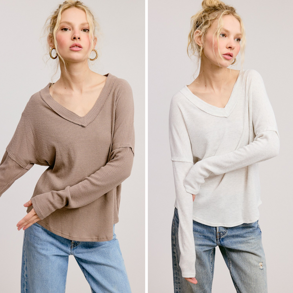 Vertical Ribbed V-Neck Long Sleeve