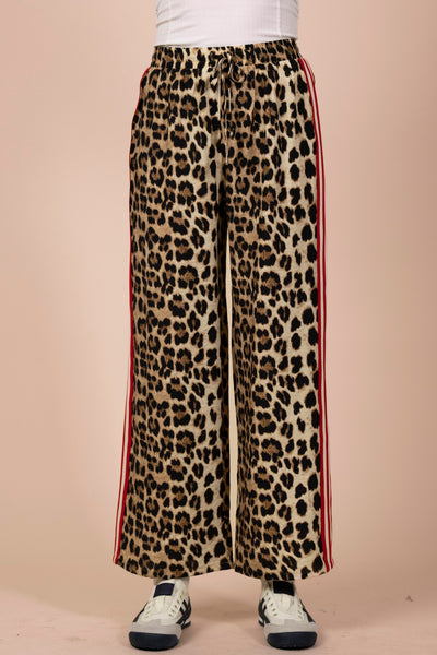 Red Side Stripe Leopard Wide Leg Pants