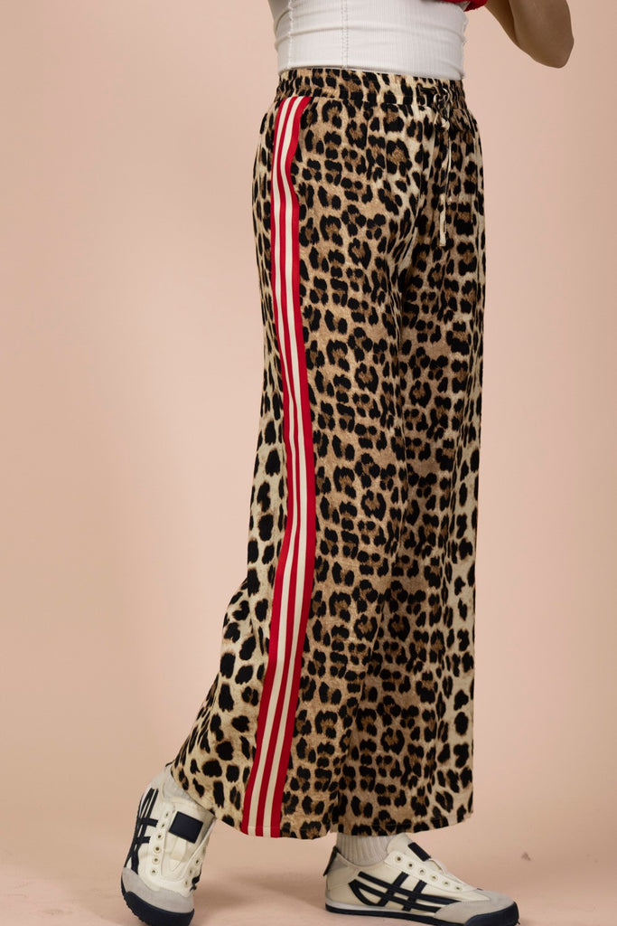 Red Side Stripe Leopard Wide Leg Pants