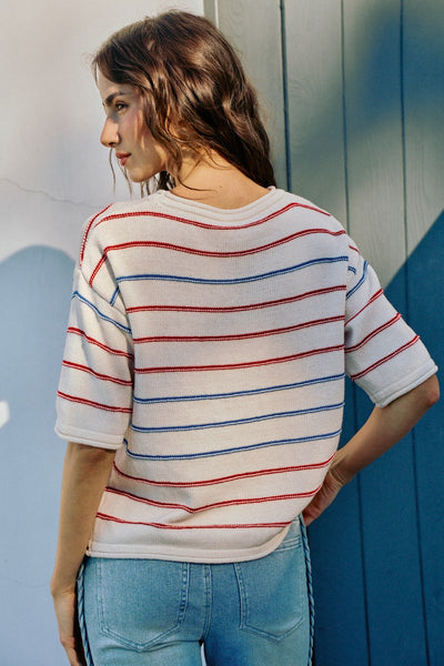 USA Knit Stripe Short Sleeve Sweater Top