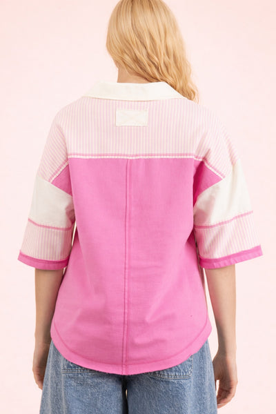 Half Sleeve Collared V-Neck Top