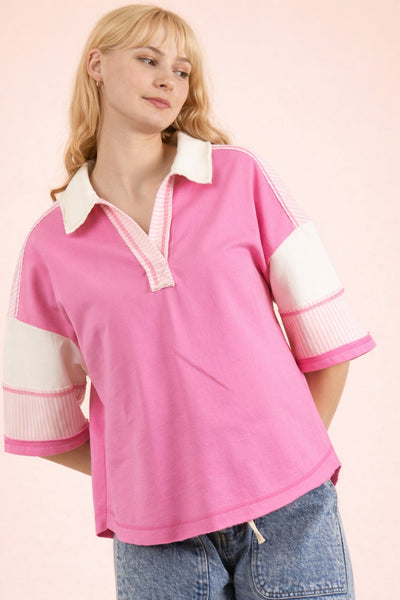 Half Sleeve Collared V-Neck Top
