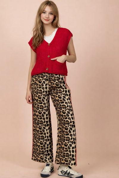 Red Side Stripe Leopard Wide Leg Pants