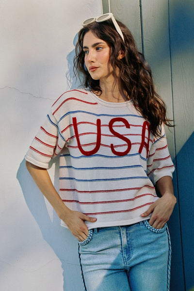 USA Knit Stripe Short Sleeve Sweater Top