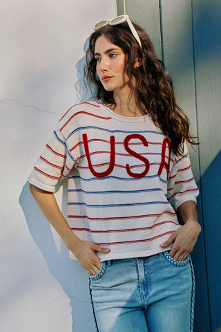 USA Knit Stripe Short Sleeve Sweater Top