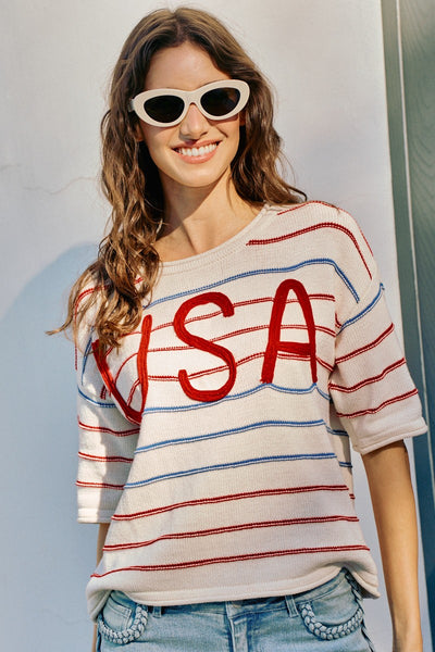 USA Knit Stripe Short Sleeve Sweater Top