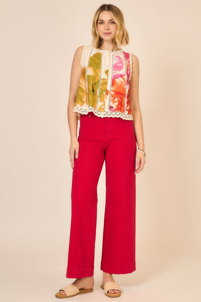 Floral Eyelet Trim Button Top