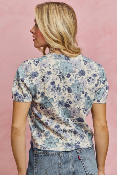 Blue Floral Short Sleeve Sweater Knit Top