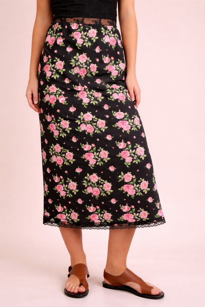 Silky Black Rose Midi Skirt
