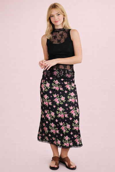 Silky Black Rose Midi Skirt