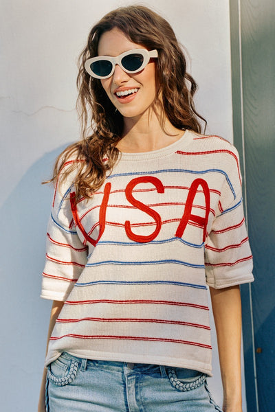 USA Knit Stripe Short Sleeve Sweater Top