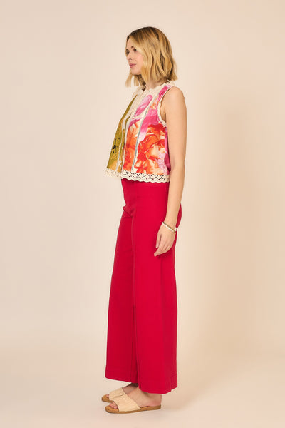 Floral Eyelet Trim Button Top