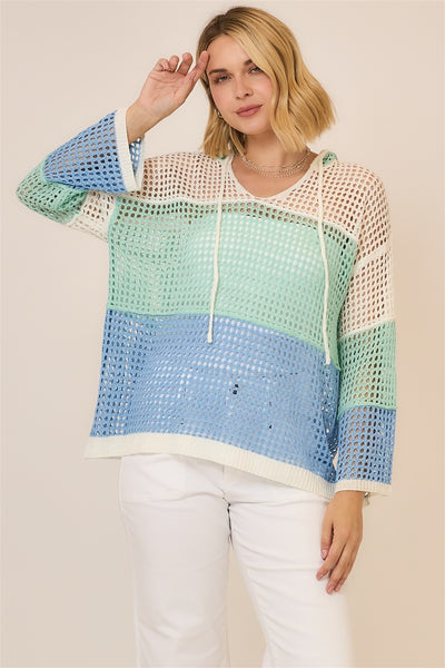 Open Knit Color Block Hooded Sweater