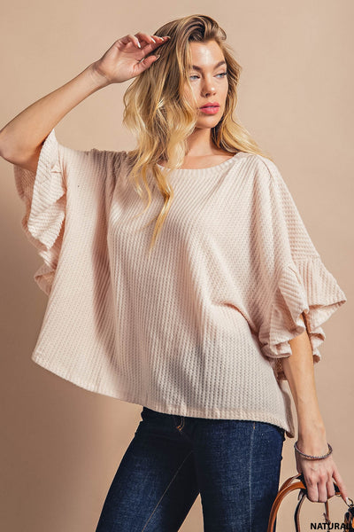 Flutter Sleeve Waffle Knit Sweater Top