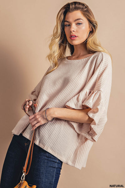 Flutter Sleeve Waffle Knit Sweater Top