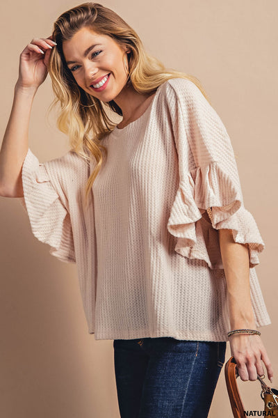 Flutter Sleeve Waffle Knit Sweater Top